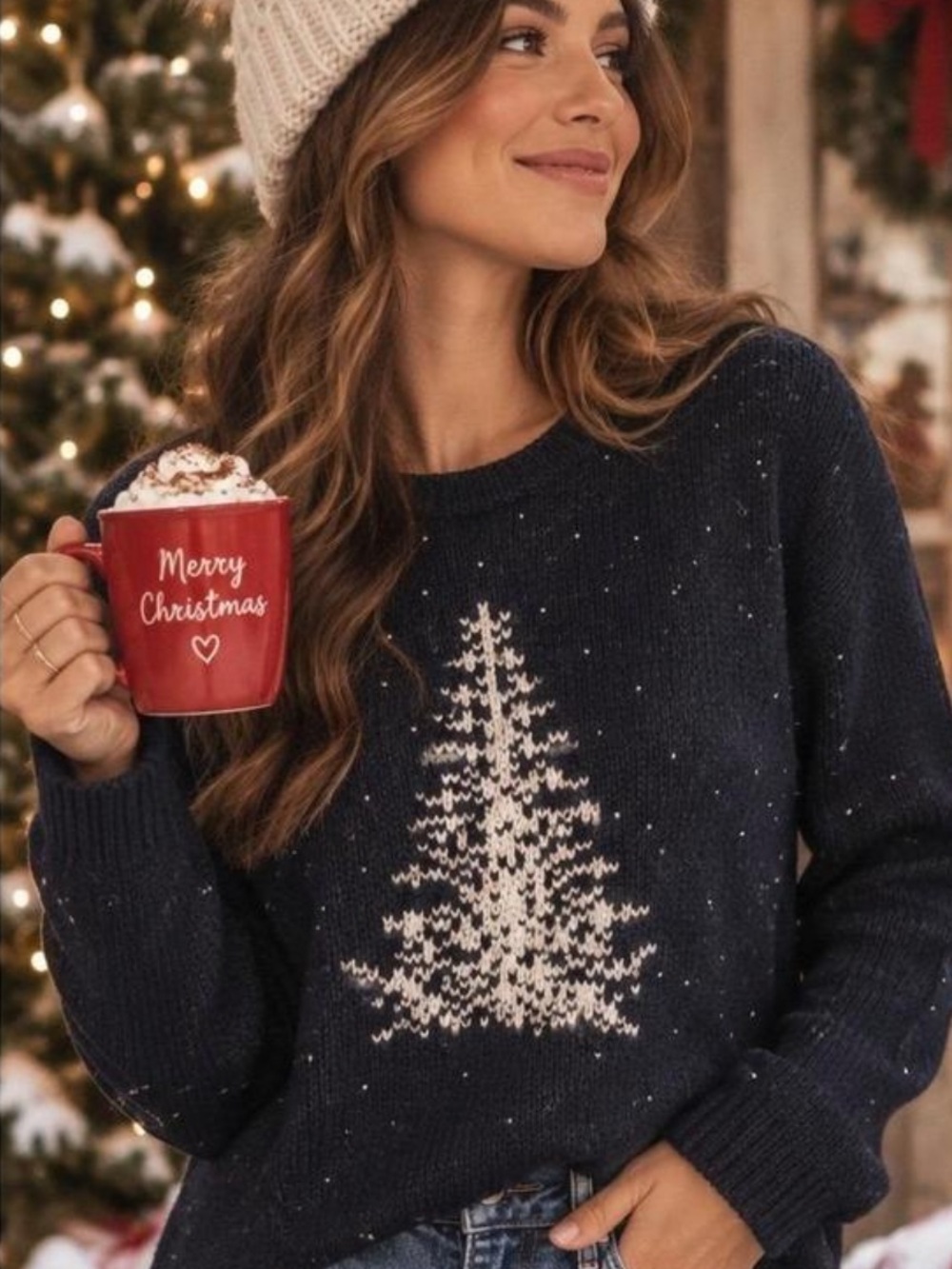 J. Jill Dark Blue Embellished Snowy Pine Tree Sweater
